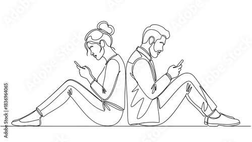 Modern digital isolation A man and woman sit back-to-back, engrossed in their smartphones, depicting communication breakdown and societal impact of screens
