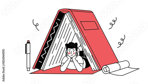 Young person enjoying a cozy imaginary adventure inside a giant book tent, symbolizing the immersive power of reading and learning for personal growth