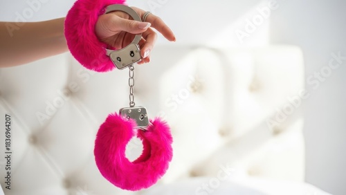 Pink sexy fluffy handcuff on female wrists