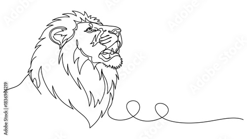 Majestic continuous line drawing of a roaring lion expressing power, strength, and wild beauty through elegant simplicity.