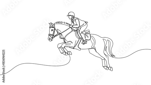 Continuous line drawing of a skilled equestrian rider gracefully guiding a jumping horse in mid-air motion.