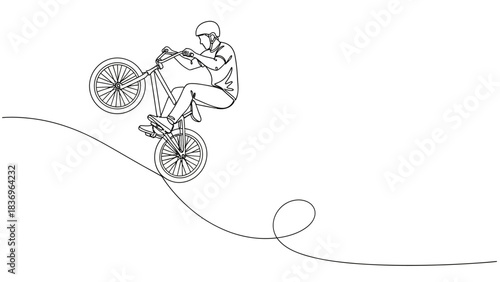 Minimalist line art illustration of a cyclist performing a jump on a mountain bike along a winding path
