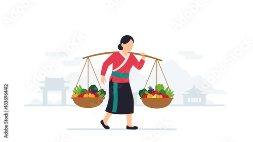 Illustration of a woman balancing baskets on traditional scales in a market.