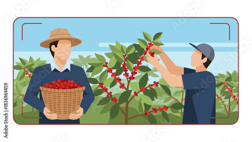 Two Farm Workers Harvesting Tomatoes in a Lush Field with Greenery and Bright Sky in the Background.