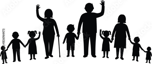 Silhouette of diverse family group, adults and children holding hands, elderly figure with cane, community bonding, unity, togetherness, support, generation