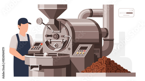 A worker operates a coffee roasting machine surrounded by beans in an industrial setting.