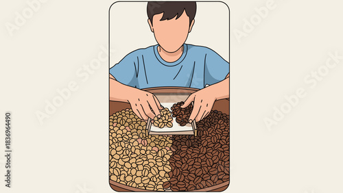 Close up of hands sorting coffee beans in a container, showing brown and lighter beans in a processing scene.