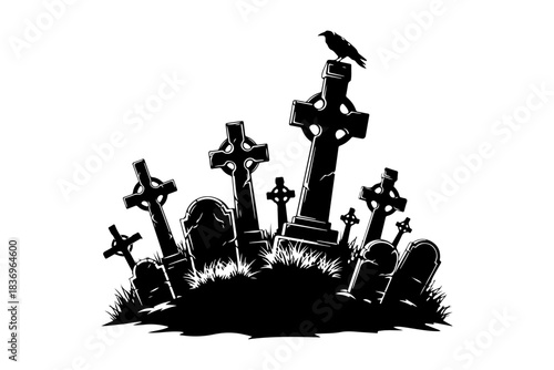 Spooky graveyard scene with Celtic crosses and a raven perched on a tombstone, evoking themes of Halloween and death, rendered in a stark silhouette