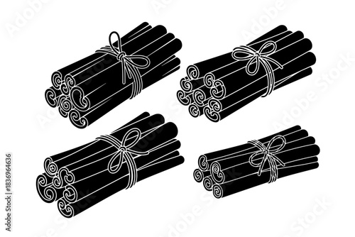 Group of cinnamon sticks tied with twine, presented in a minimalist black and white illustration style