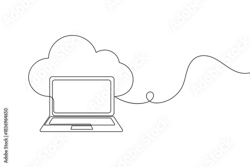 Laptop connected to cloud with continuous line art style.