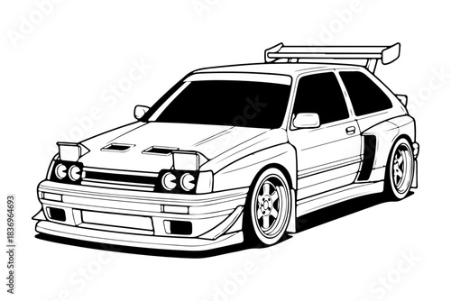 Custom Sporty Hatchback with Raised Headlights and Spoiler, Aerodynamic Design and Performance Modifications