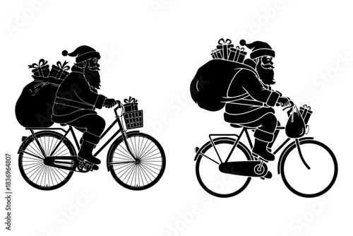 Santa Claus delivering gifts on a bicycle, Christmas spirit and festive holiday season with presents in bags and basket, traditional winter celebration