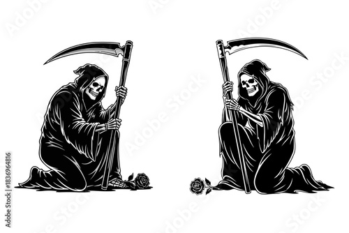 Intricate graphic depictions of the Grim Reaper, personifying death and destiny, kneeling with a scythe, featuring elements of mortality and dark symbolism