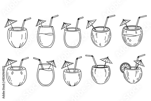 Vector line art set of tropical summer drinks. Refreshing cocktails in coconut shells and glasses with straws and umbrellas, for vacation designs and beverage menus