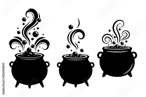 Three black cartoon cauldrons bubbling with potion and steam, perfect for Halloween or fantasy themes