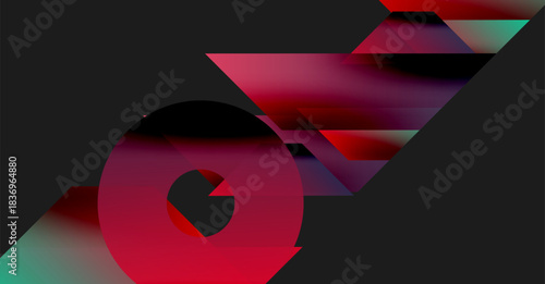 Abstract geometric composition. Red, purple, teal gradients dominate dark background. Shapes overlap creating dynamic visual effect.