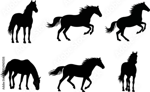 Collection of six dynamic black horse silhouettes in various poses, showcasing different equestrian movements and styles against a white background