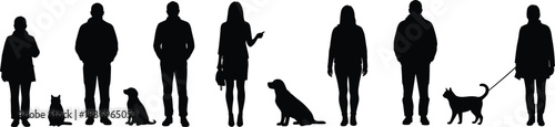Silhouette of diverse people with pets, walking dogs and cats, urban lifestyle, animal companionship, leash interaction, casual fashion, outdoor bonding