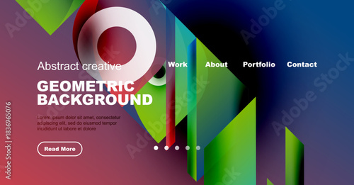 Modern website header design. Vibrant geometric shapes, text overlay, navigation menu present. Clean, colorful presentation.