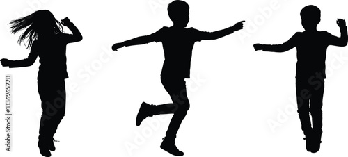 Silhouette of happy children jumping and dancing in playful motion, expressing joy, freedom, childhood fun, energy, and active lifestyle outdoors.