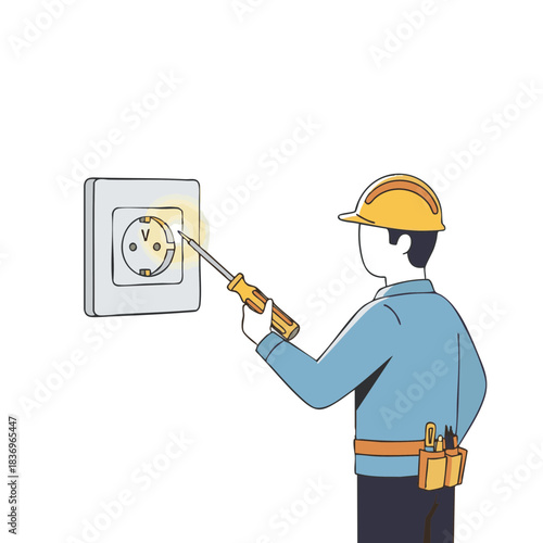 Minimal flat vector of an electrician checking a wall outlet with a voltage tester screwdriver in clean geometric style on a white background for safety, inspection and electrical maintenance concepts
