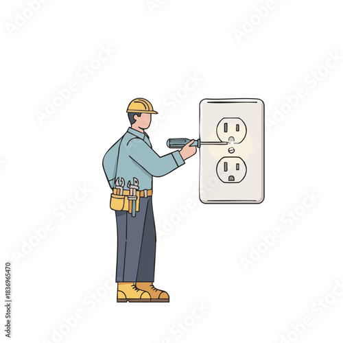 Minimal flat vector of an electrician checking a wall outlet with a voltage tester screwdriver in clean geometric style on a white background for safety, inspection and electrical maintenance concepts