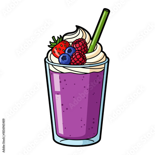 Vibrant berry and purple smoothie beverage topped with fresh fruits
