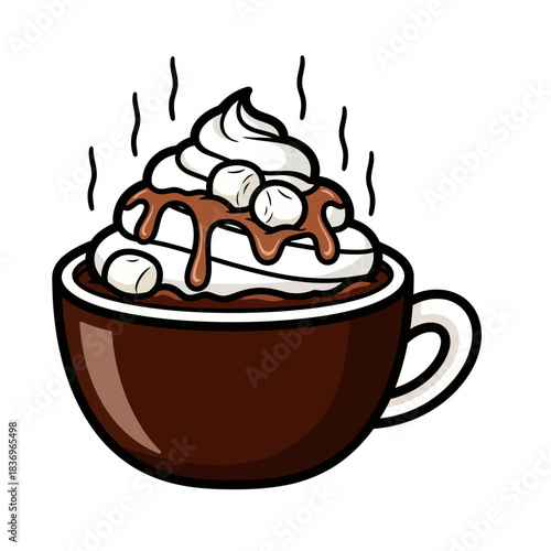 Illustration of a cozy hot chocolate beverage topped with marshmallows and