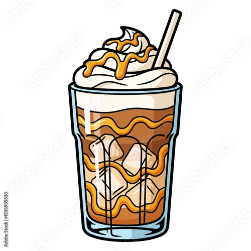 Delicious layered caramel and whipped cream dessert in a tall glass perfect