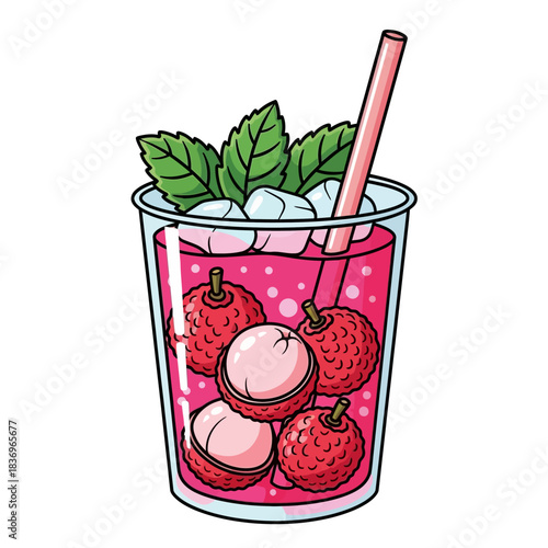 Colorful raspberry and mint-flavored beverage with ice cubes in a clear glass