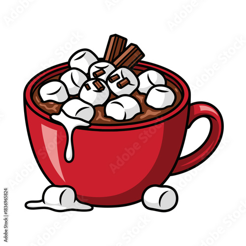Cozy winter hot chocolate beverage with marshmallows and chocolate sticks in a