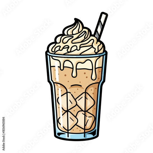 Delicious iced coffee beverage with whipped cream and straw in a tall glass