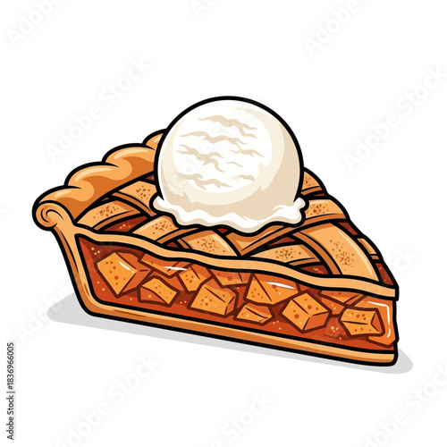 Delicious warm slice of apple pie topped with a scoop of vanilla ice cream and