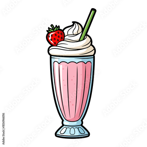 Colorful and appealing strawberry milkshake topped with whipped cream and a