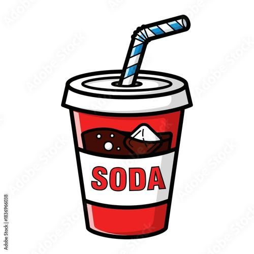 Cartoon Style Soda Cup with Ice and Striped Straw Illustration for Beverage