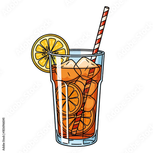 Refreshing citrus beverage with ice and colorful striped straw in a tall glass
