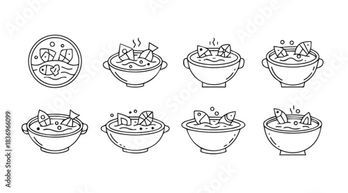 Collection of delicious japanese ramen bowls various toppings and styles hand drawn line art vector