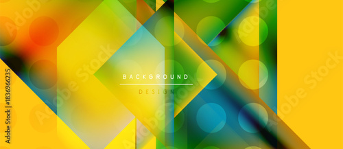 Abstract geometric shapes overlap, creating vibrant yellow, green gradients. Circles add texture to design, modern aesthetic.