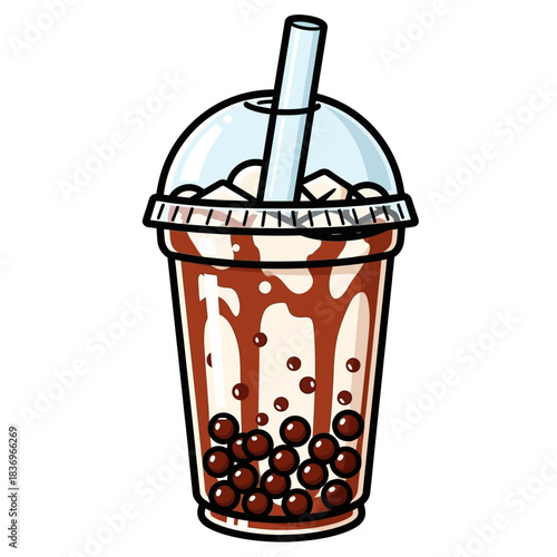 Delightful cartoon bubble tea drink with whipped cream and chocolate pearls