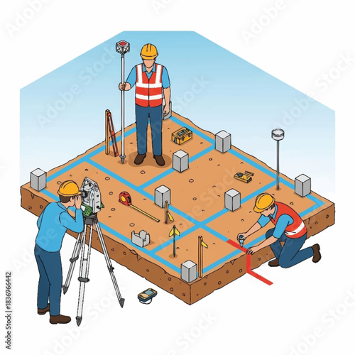 Construction Workers Surveying a Building Foundation Site.