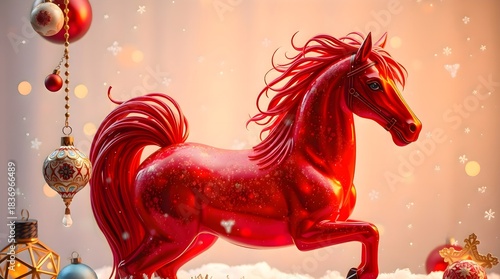 Symbol of 2026 new year Red horse standing in the snow with a composed posture, surrounded by a bright and open winter landscape where the rich warm coat color contrasts strongly