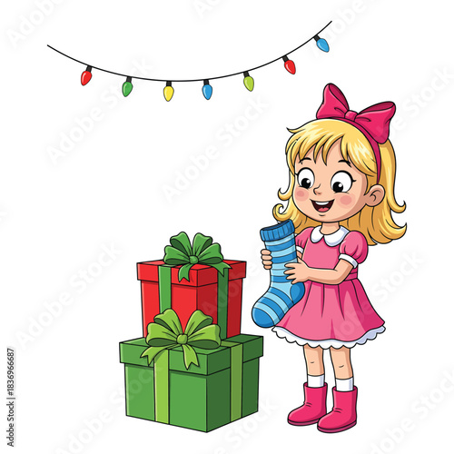 Cute Christmas Illustration of a Little Girl with Presents, Holiday Stocking, and Colorful String Lights