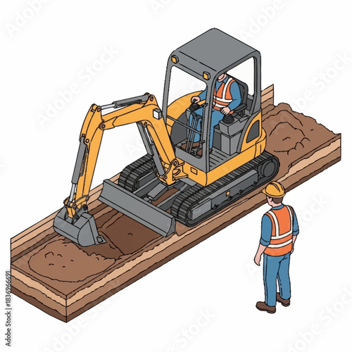 Mini Excavator Digging Trench with Construction Worker Supervising.