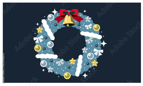 クリスマスリースのイラスト素材。ベルやリボンなど装飾がついているリース