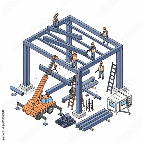 Construction workers assembling a steel building frame with a crane.