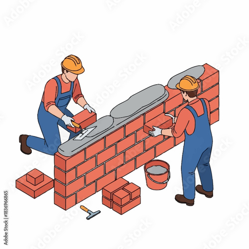 Two construction workers building a brick wall together.