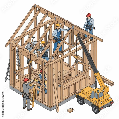 Construction workers building a house frame with a crane.