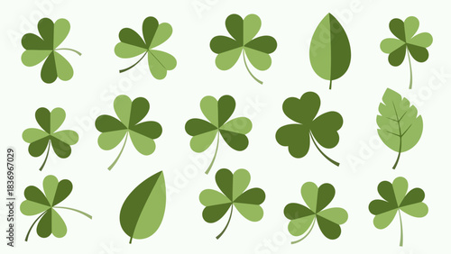 Collection of various green shamrock leaves and single leaves for St