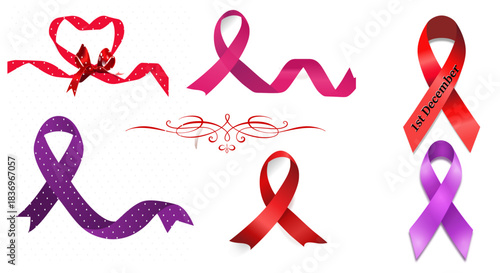 Collection of awareness ribbons in various colours and styles for support and hope