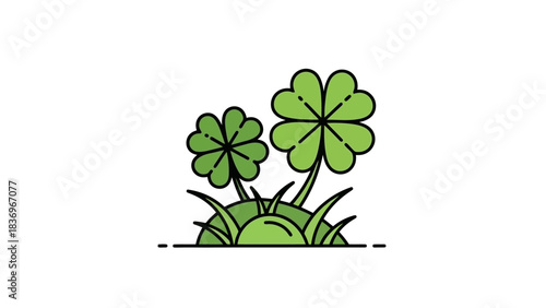 Clean line art illustration featuring two bright green four-leaf clovers growing from a patch of grass, a timeless symbol of good luck and nature's charm